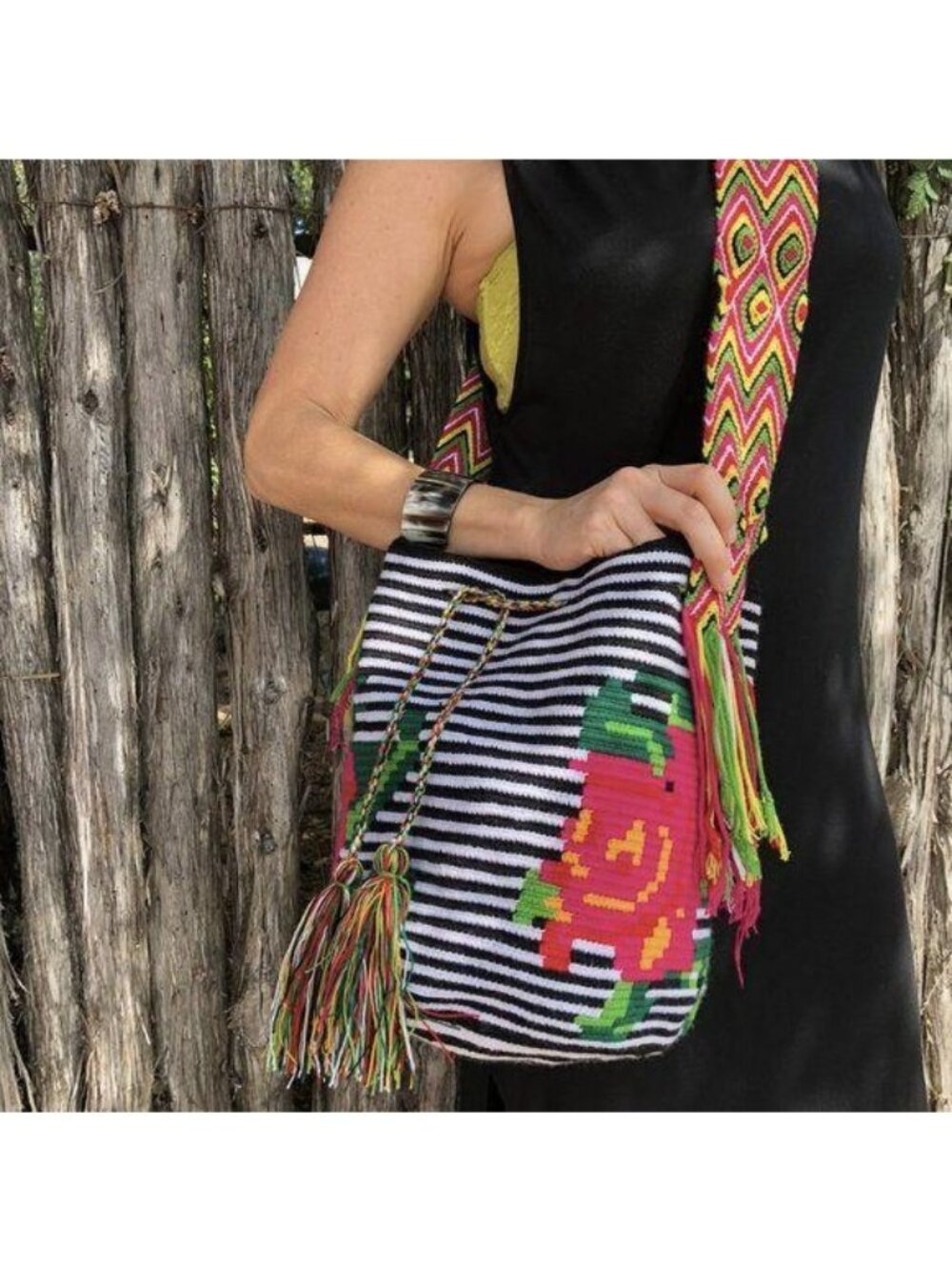 Striped Rose Woven Drawstring Bag Bucket Handmade